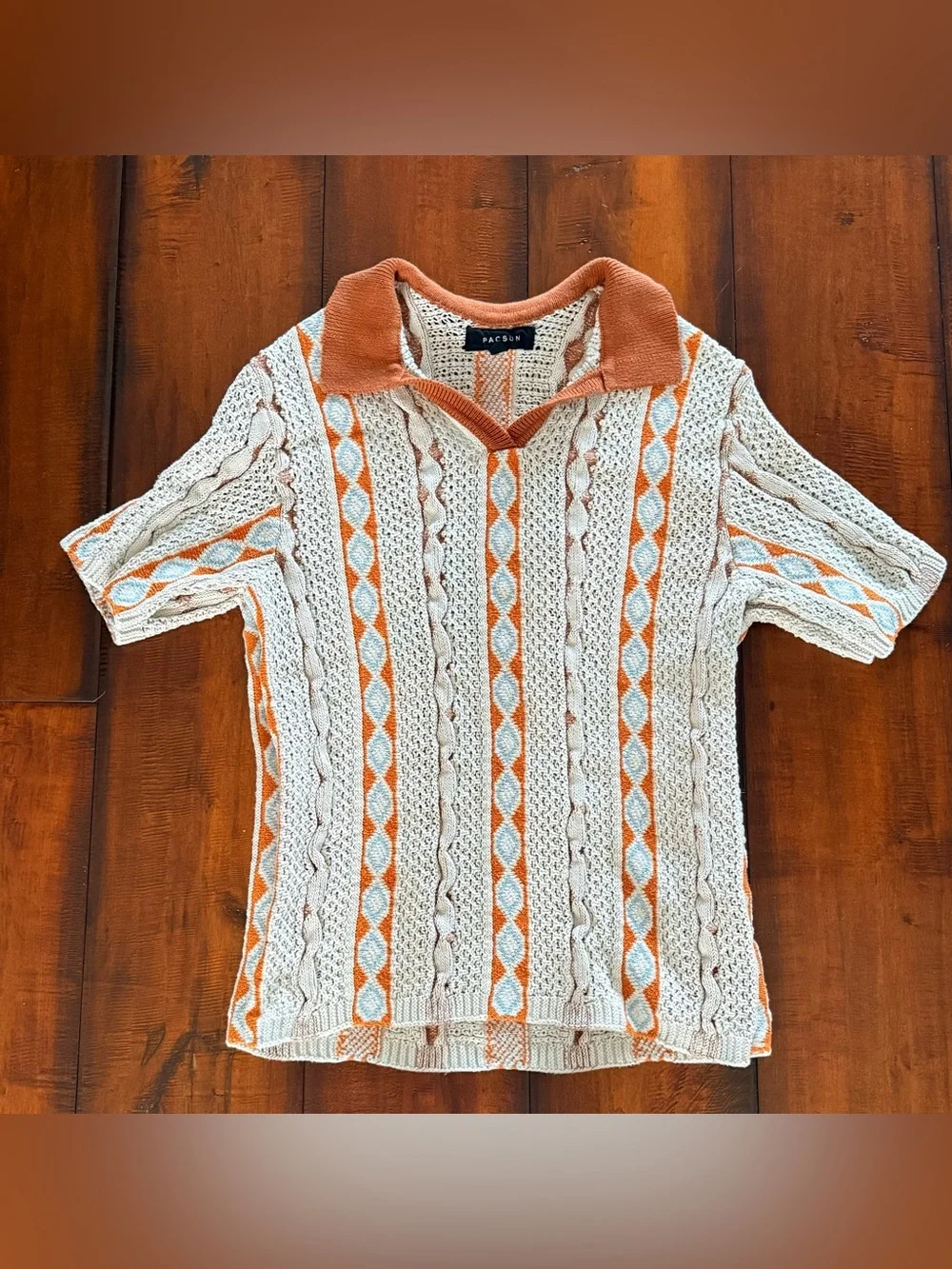 PacSun Cream V-Neck Sweater with Orange and Light Blue Diamond Stripes
